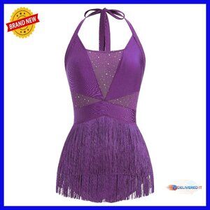 Halter Fringe Bodysuit Open Back Glitter Mesh Dance Dress XS